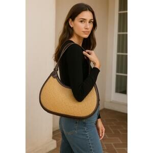 The Sak Vintage Woven Tote Bag Brown Leather Trim Boho Chic Shoulder Purse